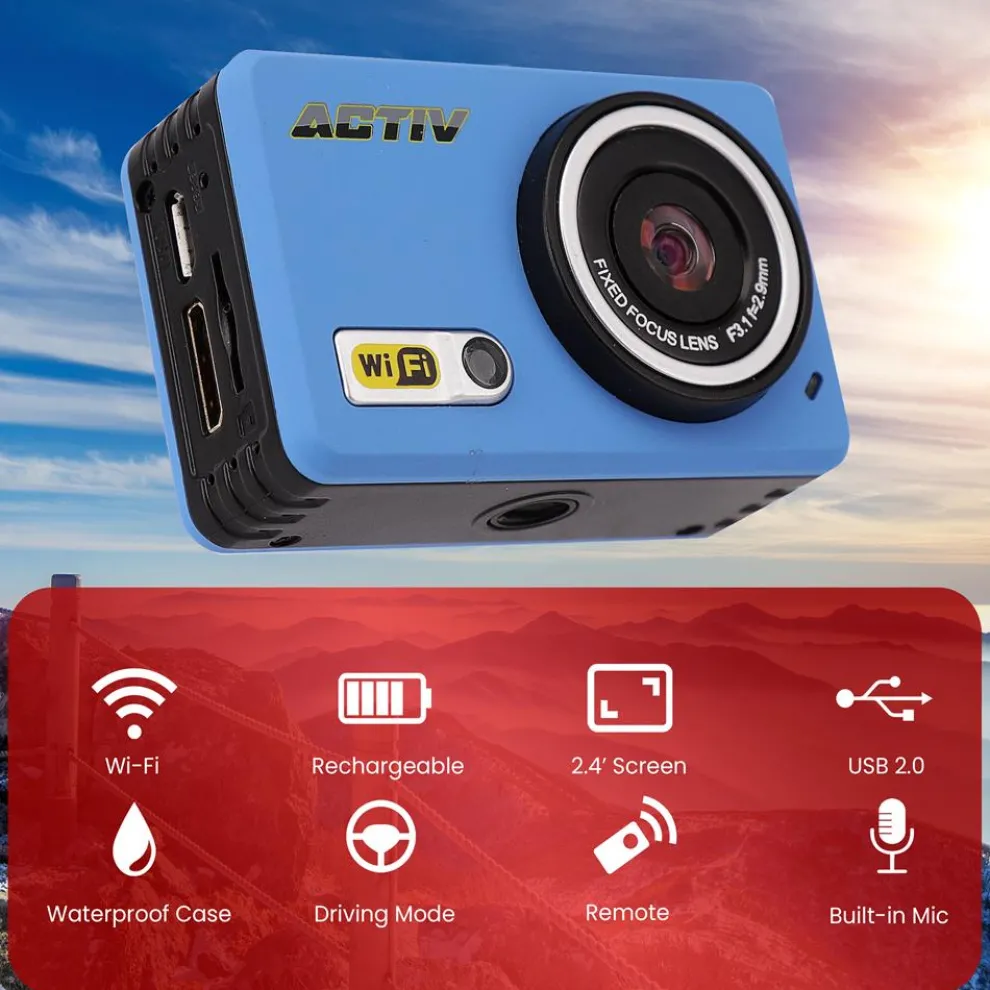 Sports Action Camera 1080p HD Wi-Fi Waterproof Case Blue