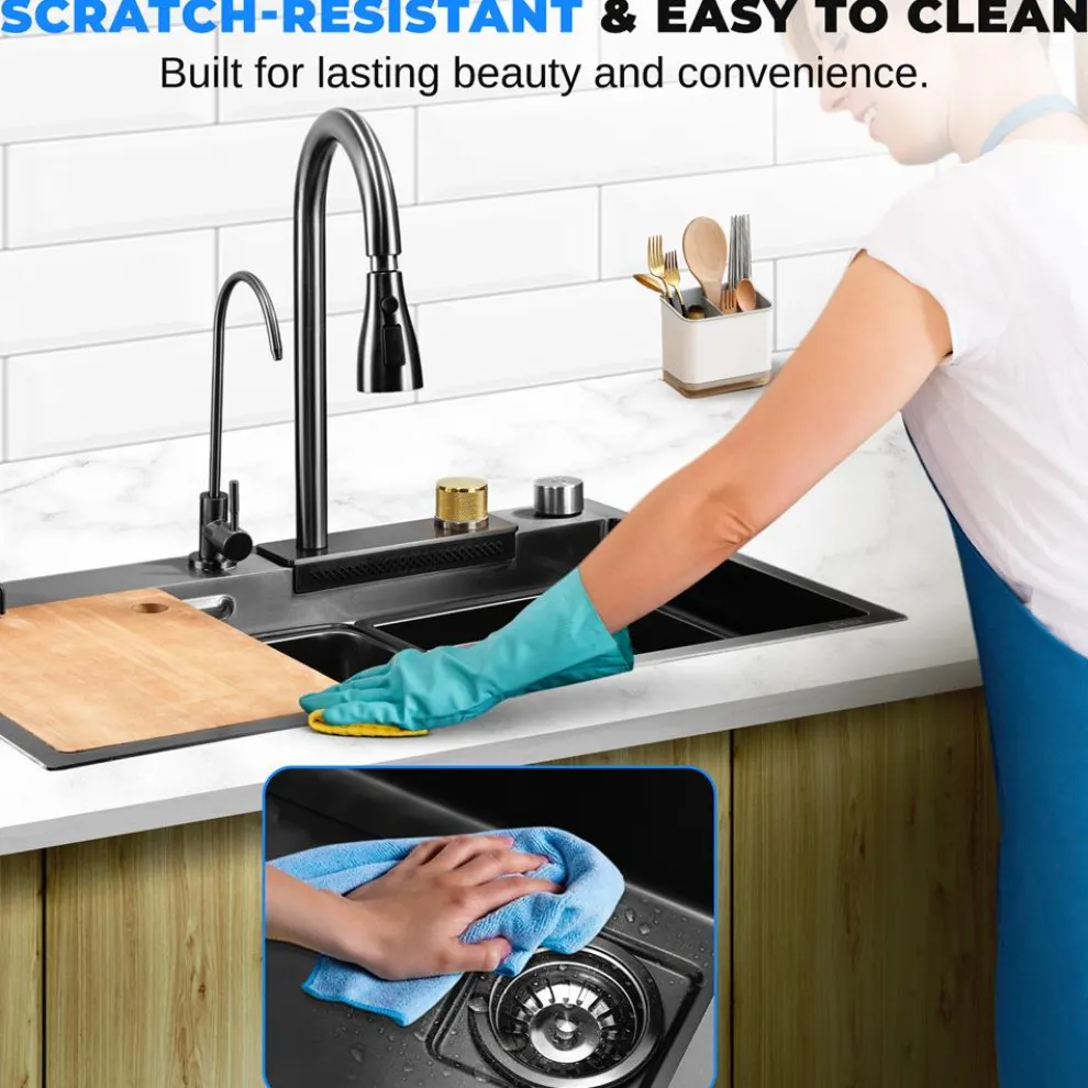 Stainless Steel Kitchen Sink, Durable & Soundproof, Nano Coating, Gun Black