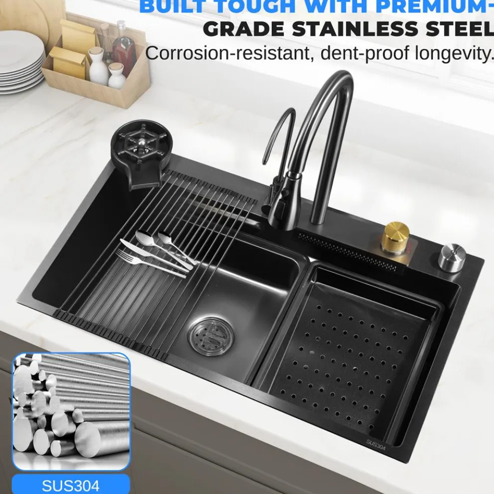 Stainless Steel Kitchen Sink, Durable & Soundproof, Nano Coating, Gun Black
