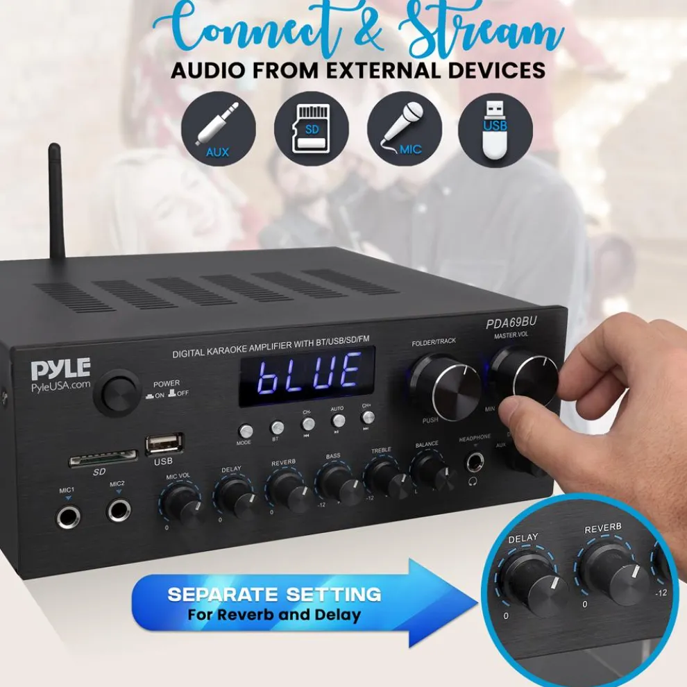 Stereo Amplifier with Bluetooth, 300W HiFi Sound, Metal Panel