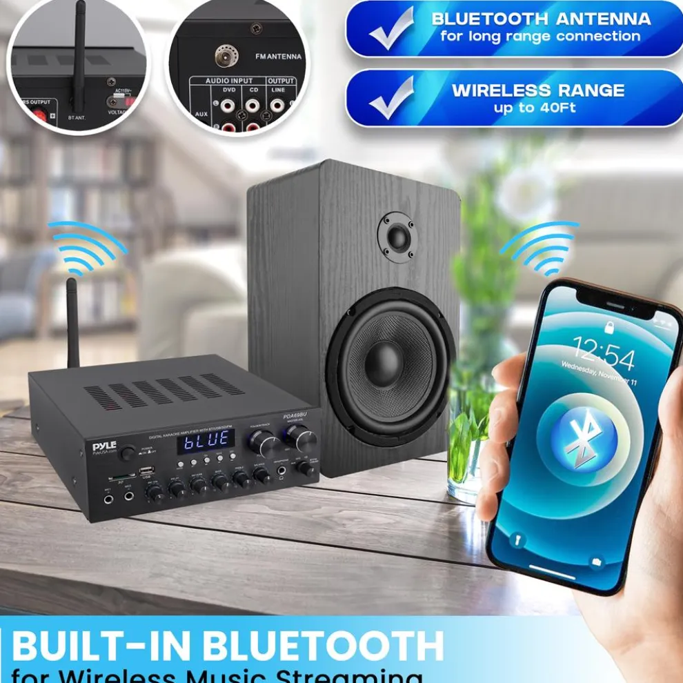 Stereo Amplifier with Bluetooth, 300W HiFi Sound, Metal Panel