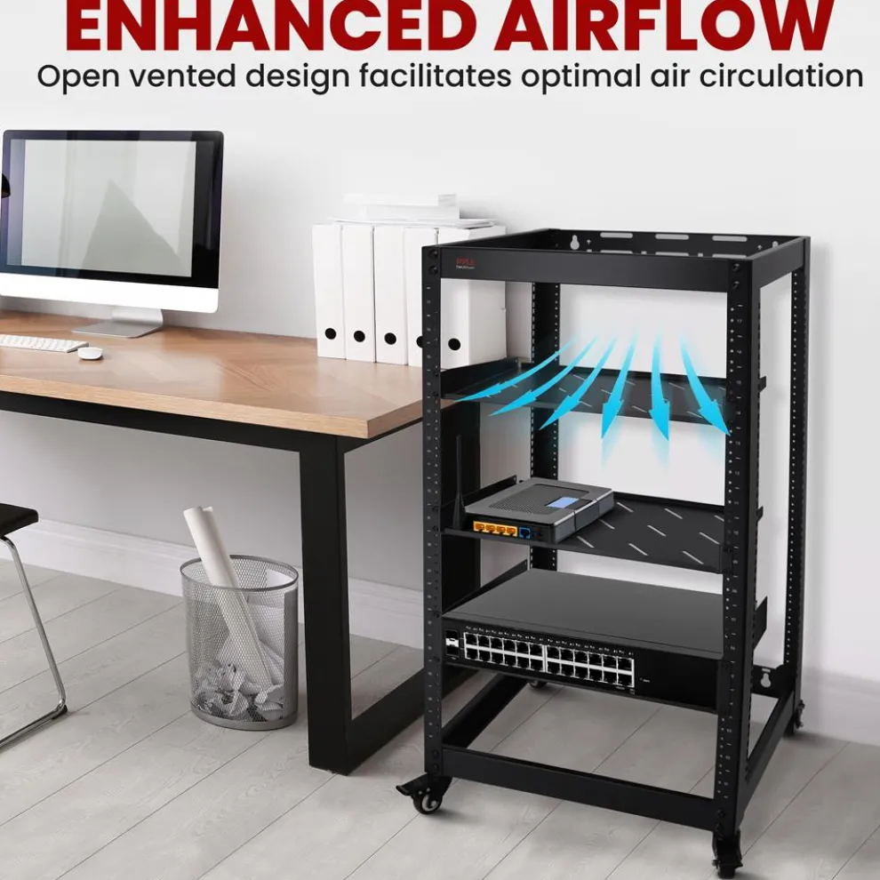 20U Open Frame Server Rack - Easy Mobility, Heavy-Duty Steel, Black