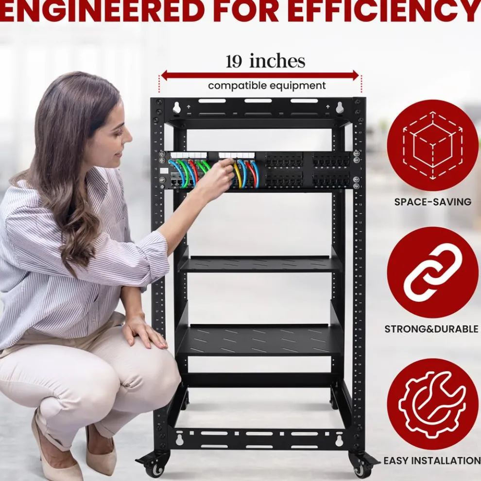 20U Open Frame Server Rack - Easy Mobility, Heavy-Duty Steel, Black