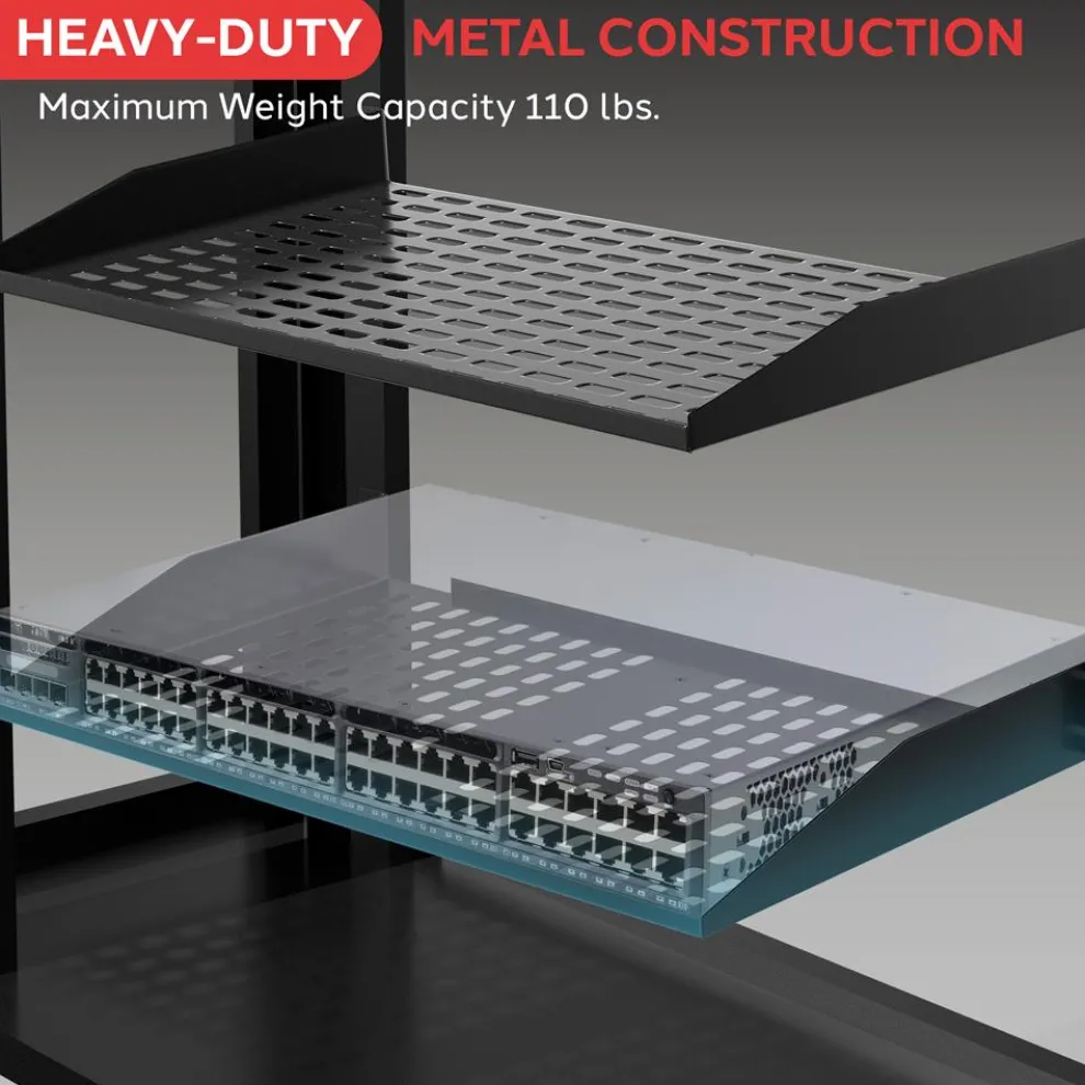 2U Server Rack Shelf, Enhanced Airflow, Heavy-Duty Steel, Black