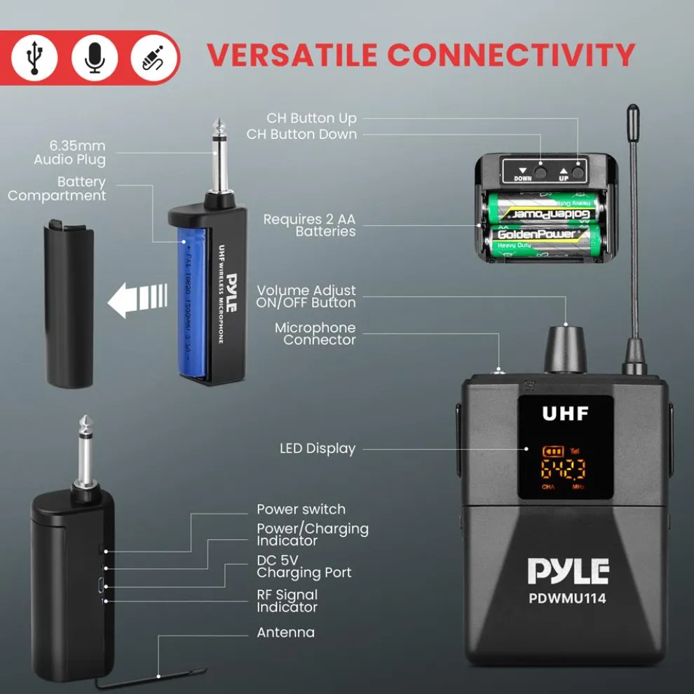 UHF Wireless Microphone System Kit - 160' Range, 8 Channels, Portable