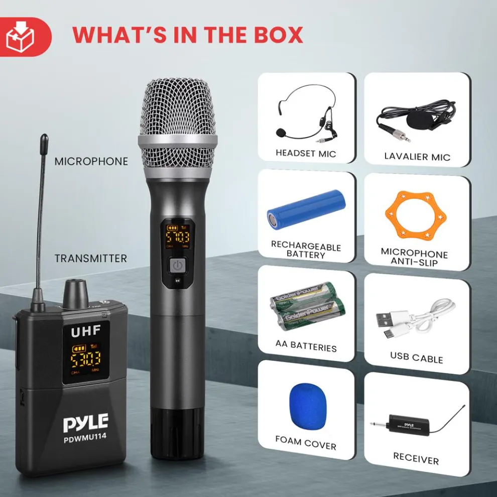 UHF Wireless Microphone System Kit - 160' Range, 8 Channels, Portable