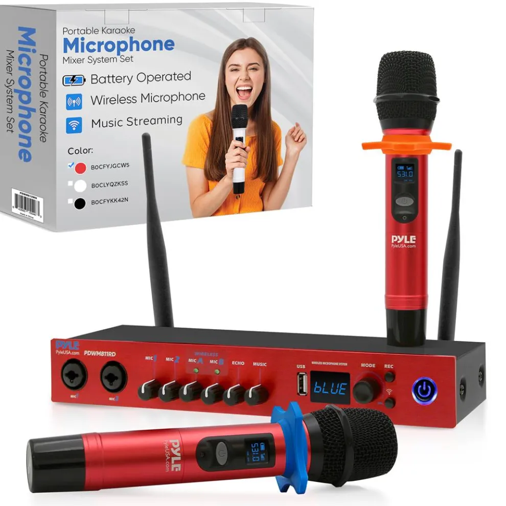 UHF Wireless Microphone System 165ft Range Bluetooth Red