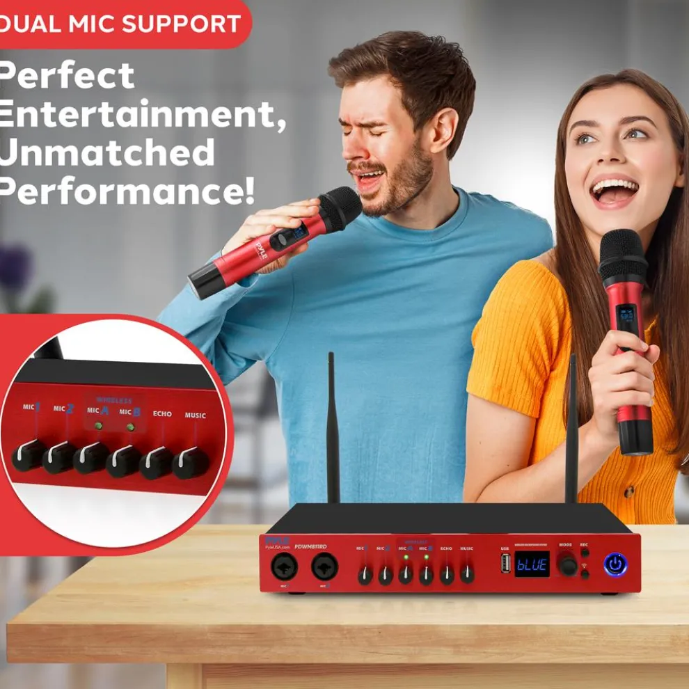 UHF Wireless Microphone System 165ft Range Bluetooth Red