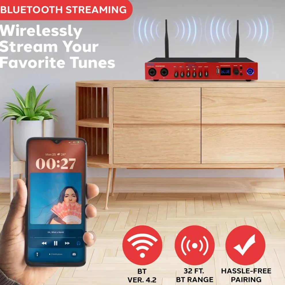 UHF Wireless Microphone System 165ft Range Bluetooth Red