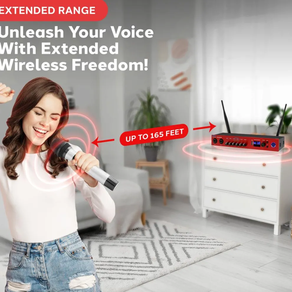 UHF Wireless Microphone System 165ft Range Bluetooth Red