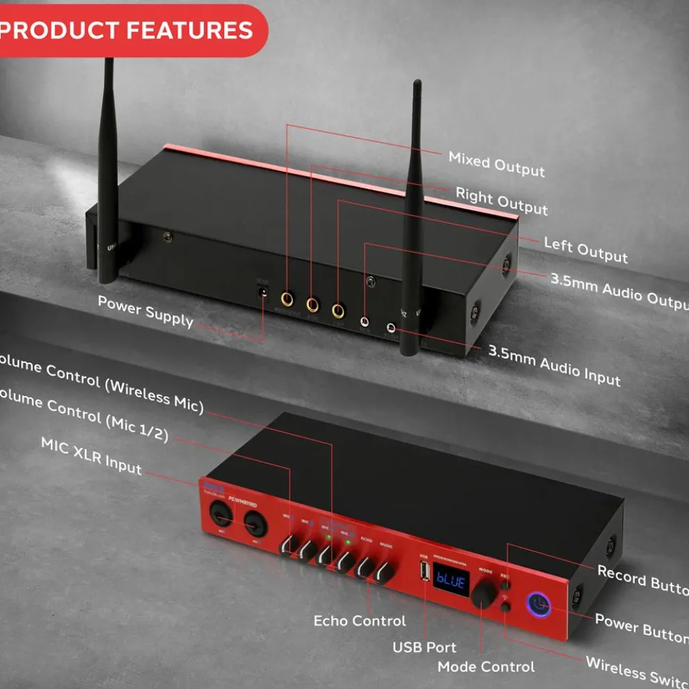 UHF Wireless Microphone System 165ft Range Bluetooth Red