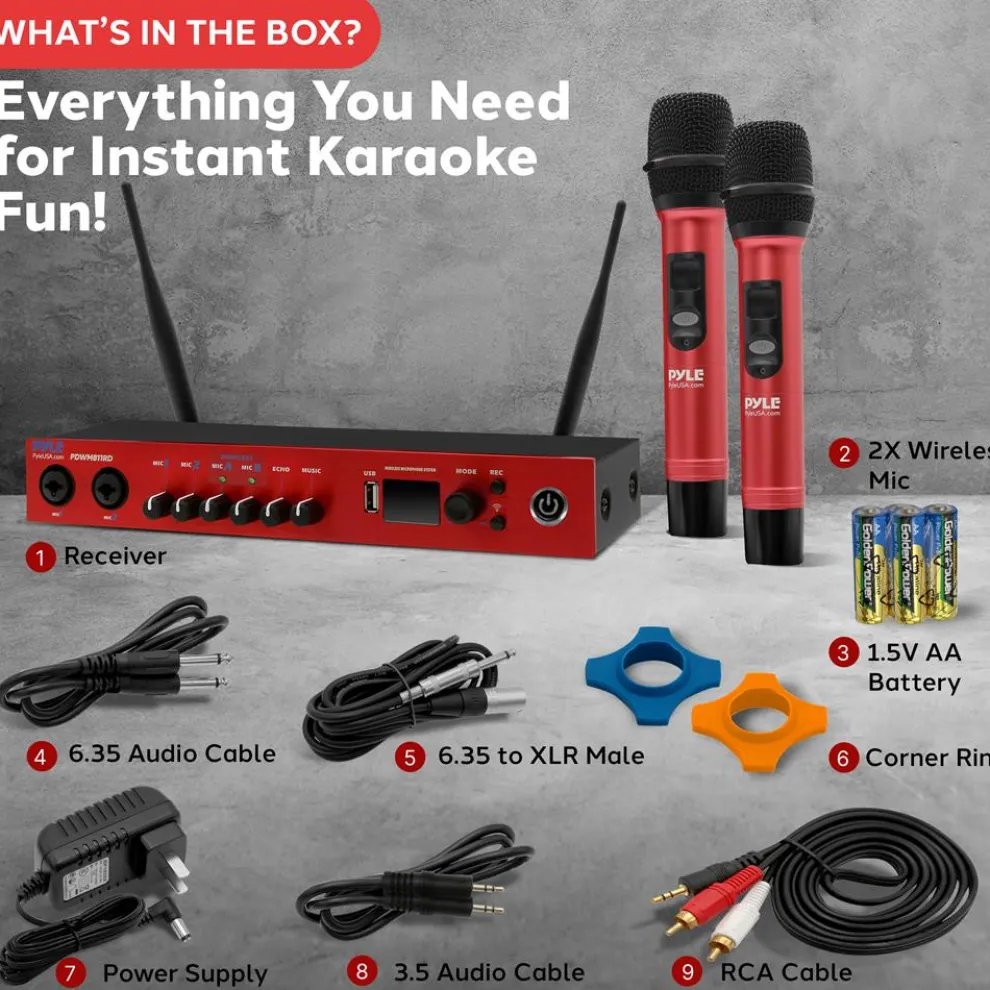UHF Wireless Microphone System 165ft Range Bluetooth Red