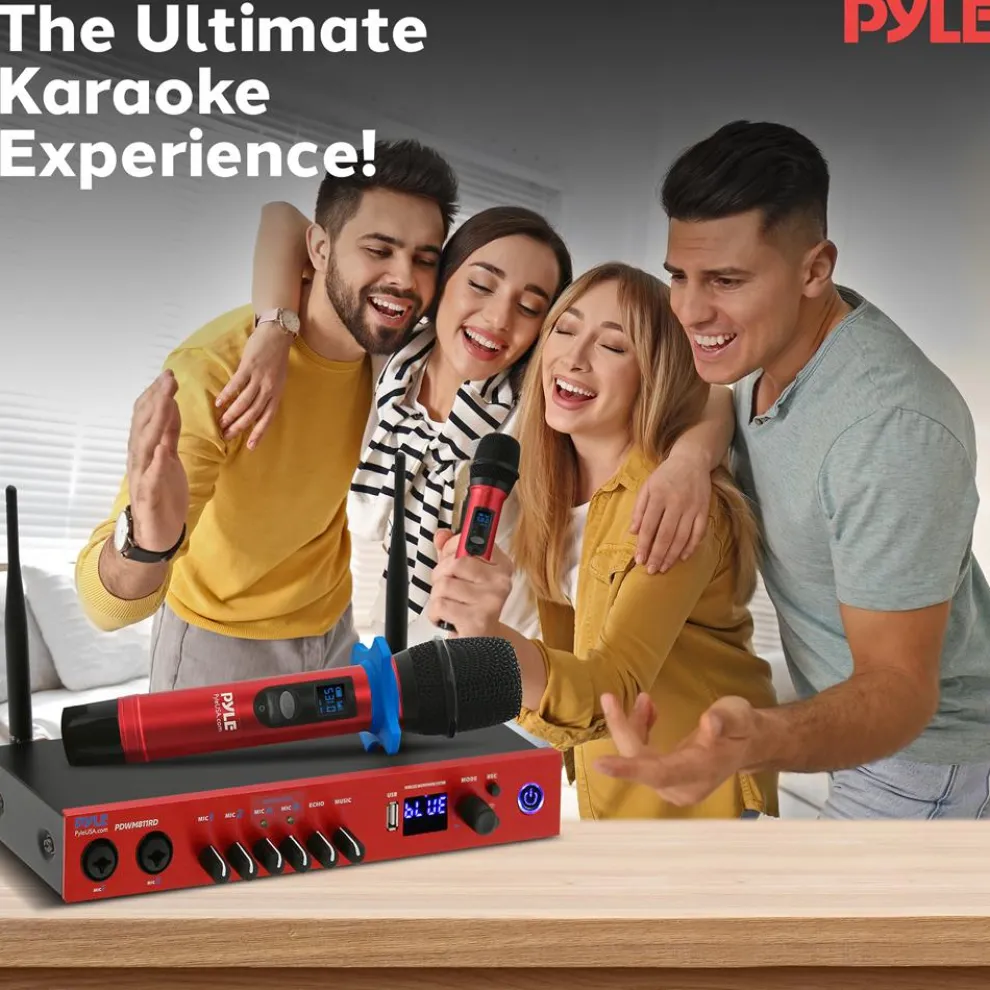 UHF Wireless Microphone System 165ft Range Bluetooth Red