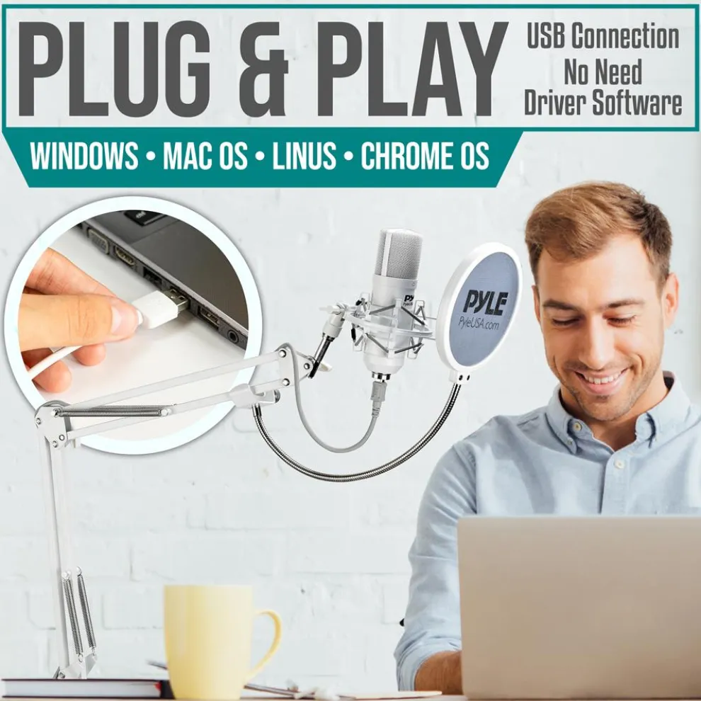 USB Condenser Microphone Kit - Studio Quality, Cardioid, White