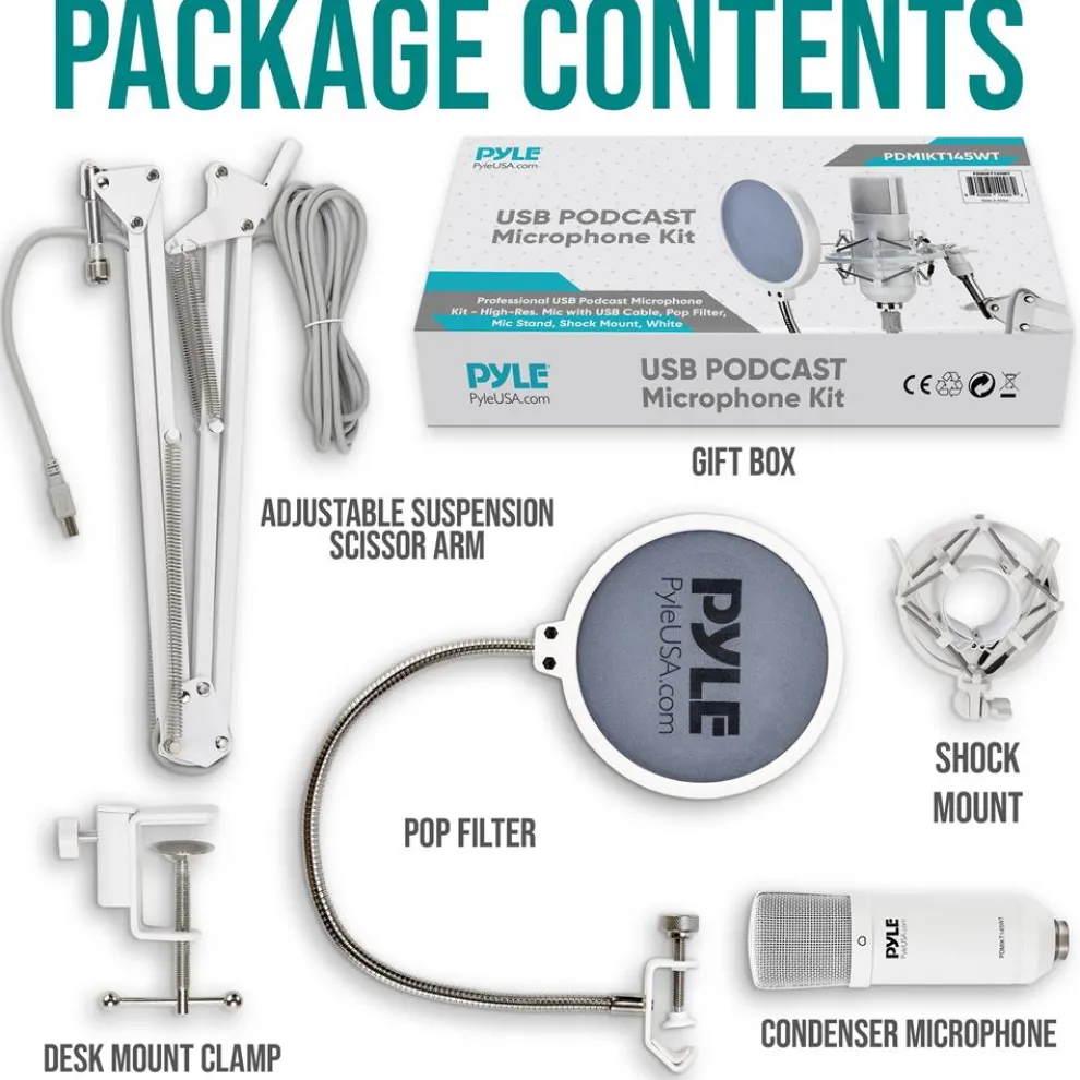 USB Condenser Microphone Kit - Studio Quality, Cardioid, White