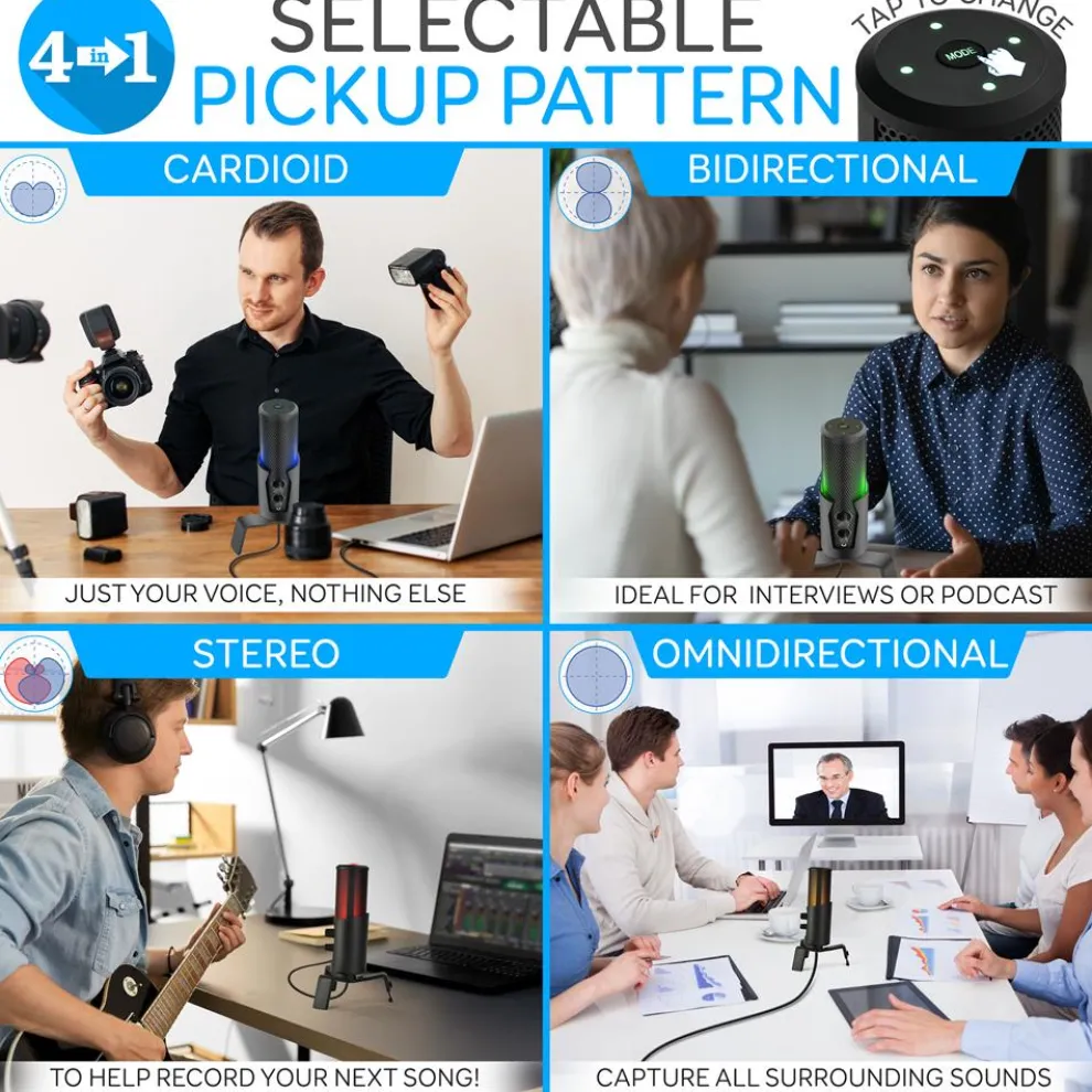 USB Microphone 4 Modes Condenser RGB LED for Gaming/Podcasting