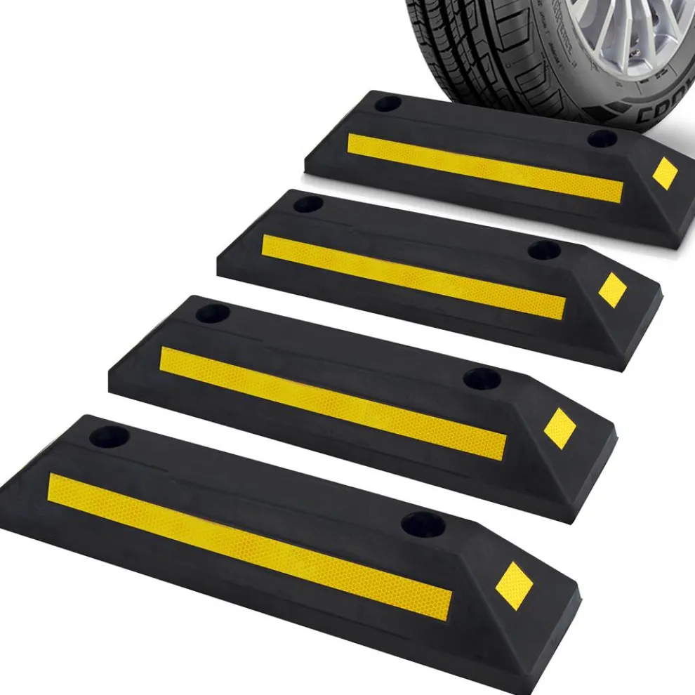 Vehicle Wheel Stop 4-Pack, Parking Assistance, Reflective Rubber, Yellow
