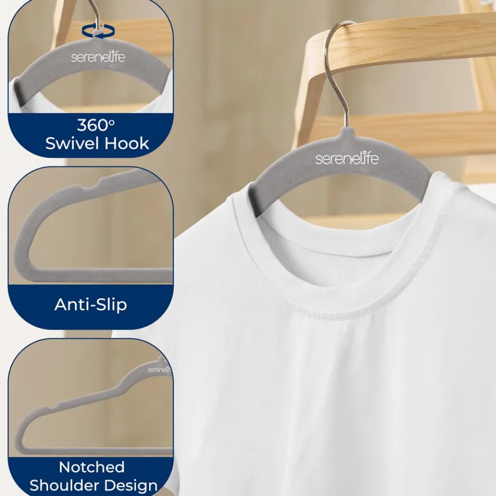 Velvet Hangers 10 Pack - Non-Slip, Space-Saving, 360° Swivel Hook, Grey