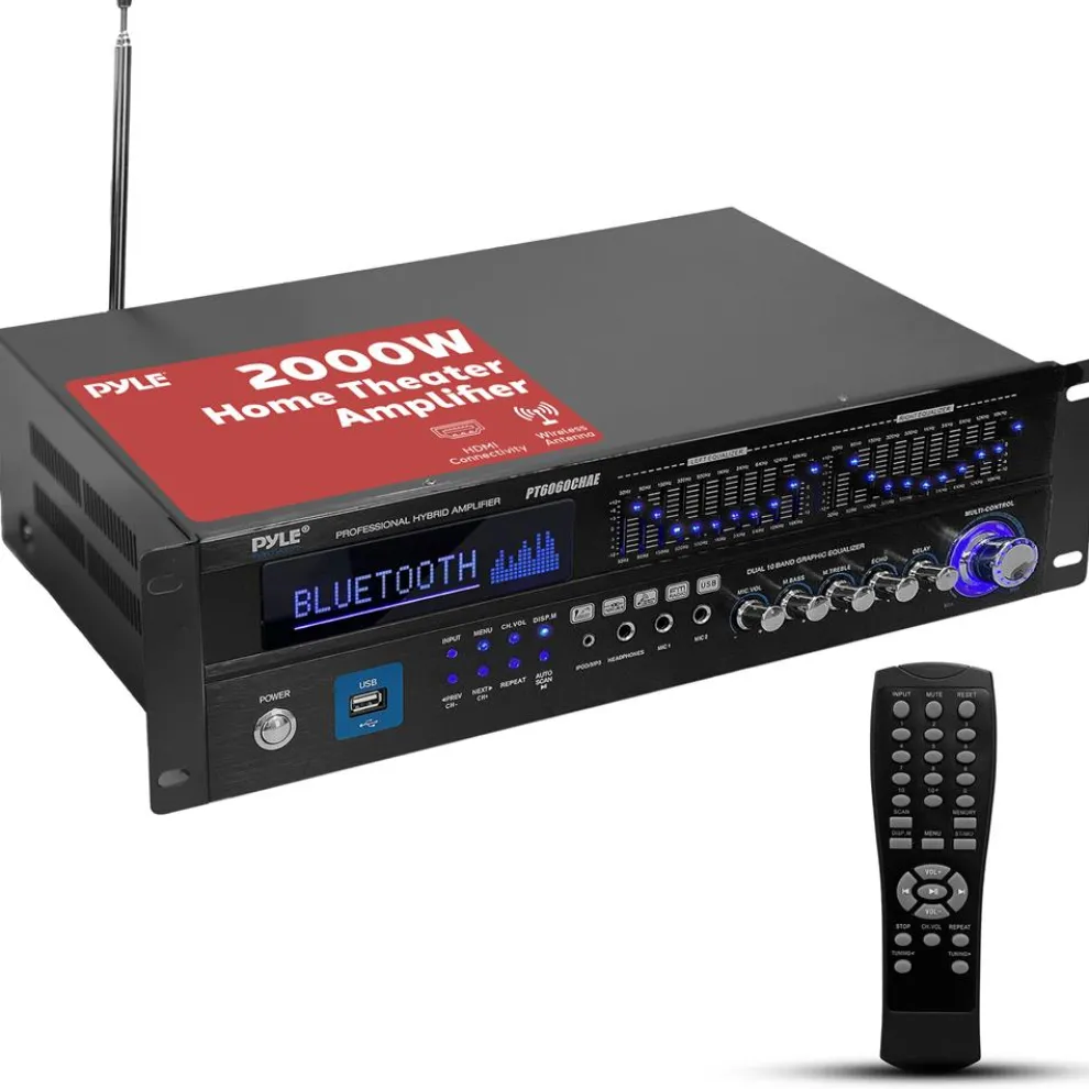 2000W Bluetooth 6-Channel Home Amplifier - Wireless Streaming, USB/AUX/RCA