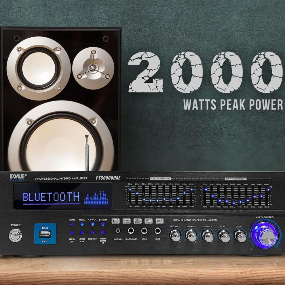 2000W Bluetooth 6-Channel Home Amplifier - Wireless Streaming, USB/AUX/RCA