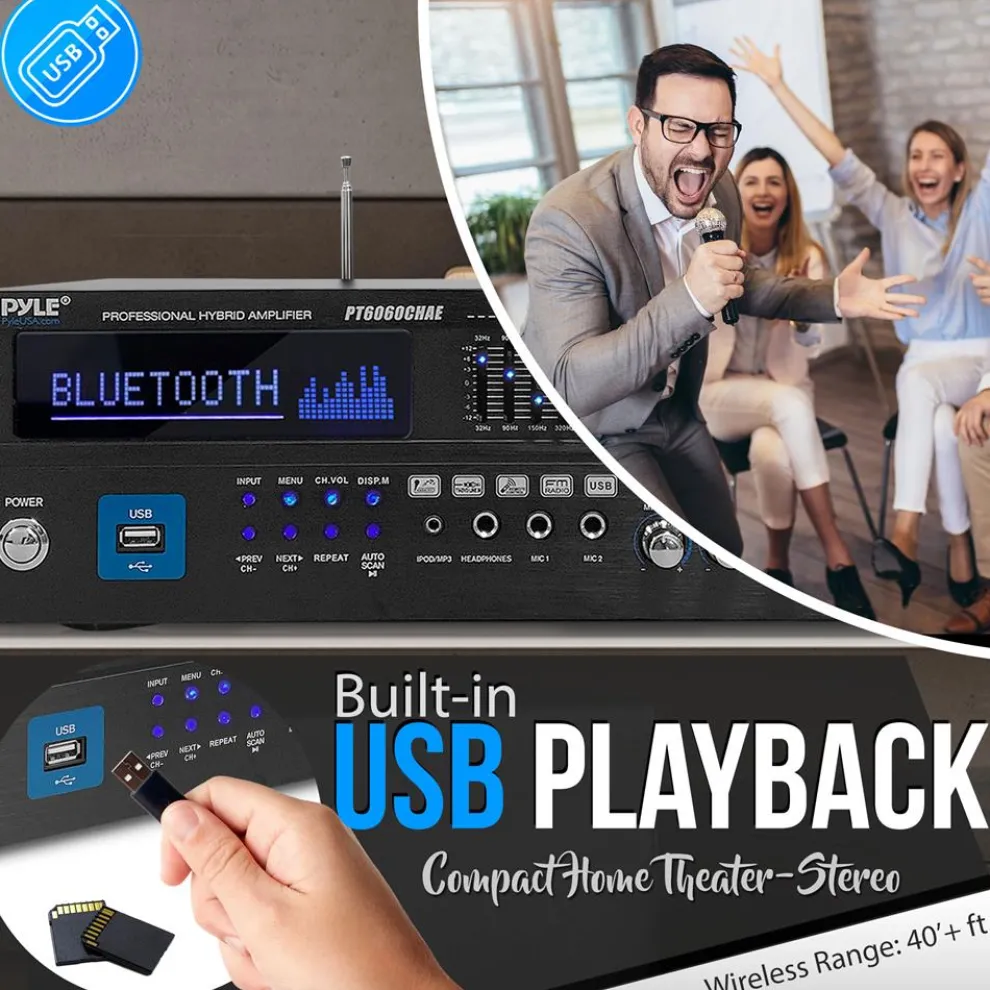 2000W Bluetooth 6-Channel Home Amplifier - Wireless Streaming, USB/AUX/RCA