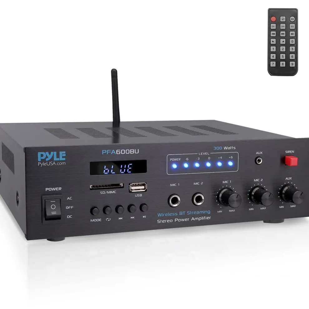 300W Bluetooth Karaoke Amplifier - Wireless Streaming, 2 Mic Inputs, Blue