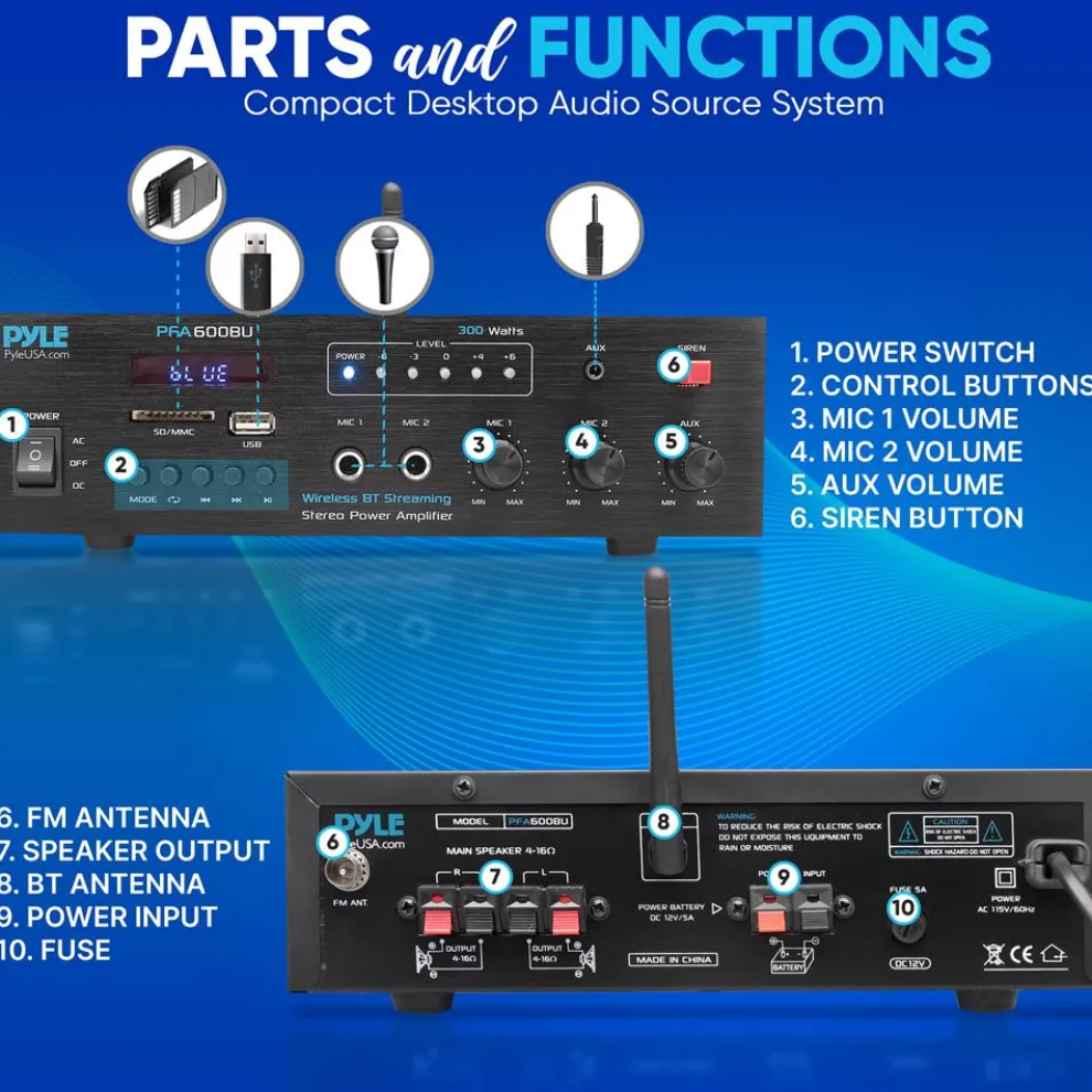 300W Bluetooth Karaoke Amplifier - Wireless Streaming, 2 Mic Inputs, Blue