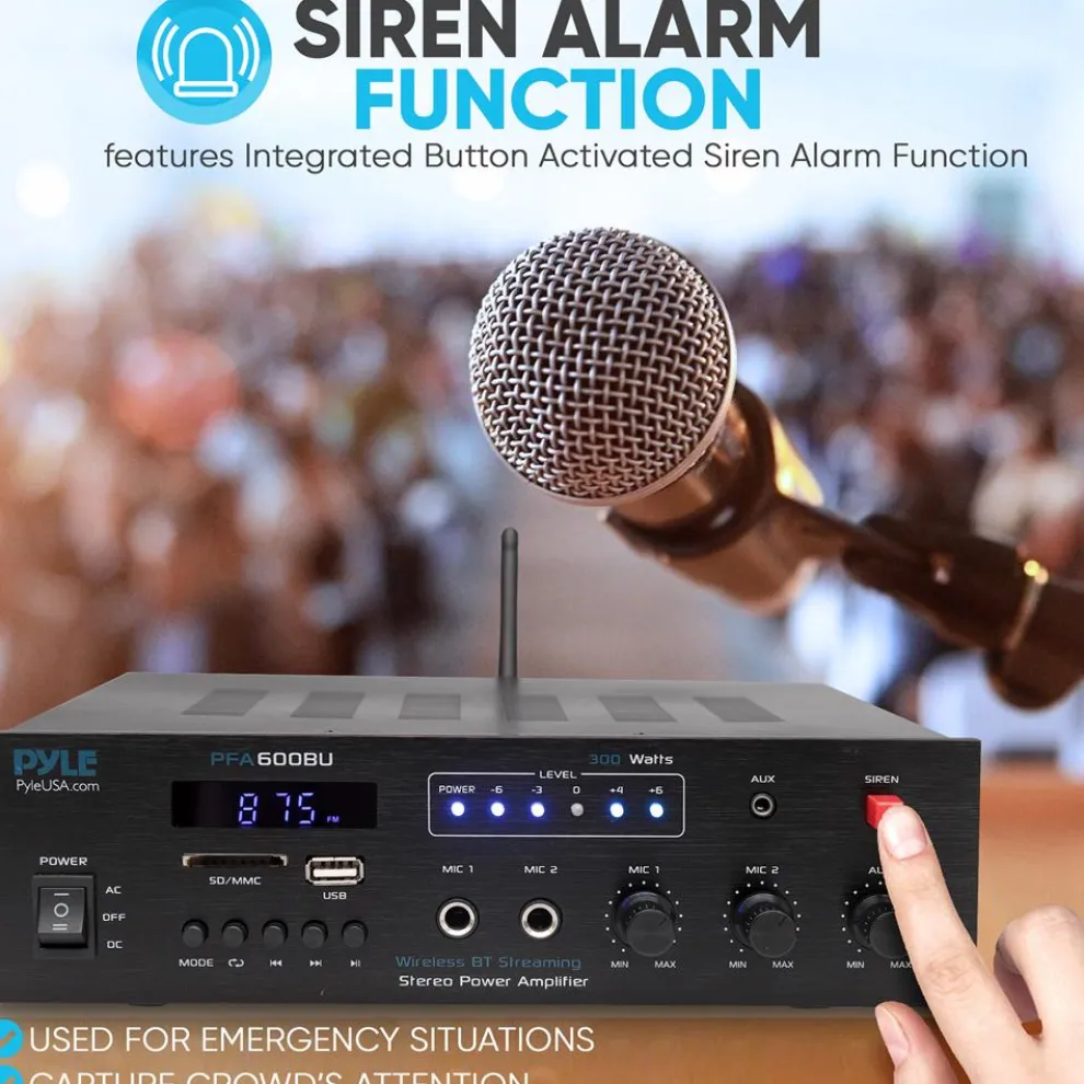 300W Bluetooth Karaoke Amplifier - Wireless Streaming, 2 Mic Inputs, Blue