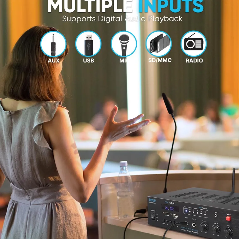 300W Bluetooth Karaoke Amplifier - Wireless Streaming, 2 Mic Inputs, Blue