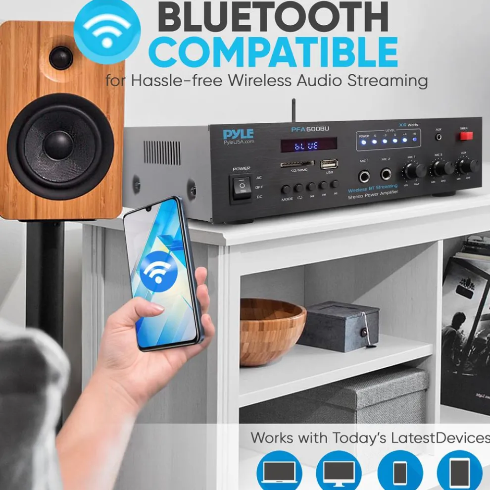 300W Bluetooth Karaoke Amplifier - Wireless Streaming, 2 Mic Inputs, Blue