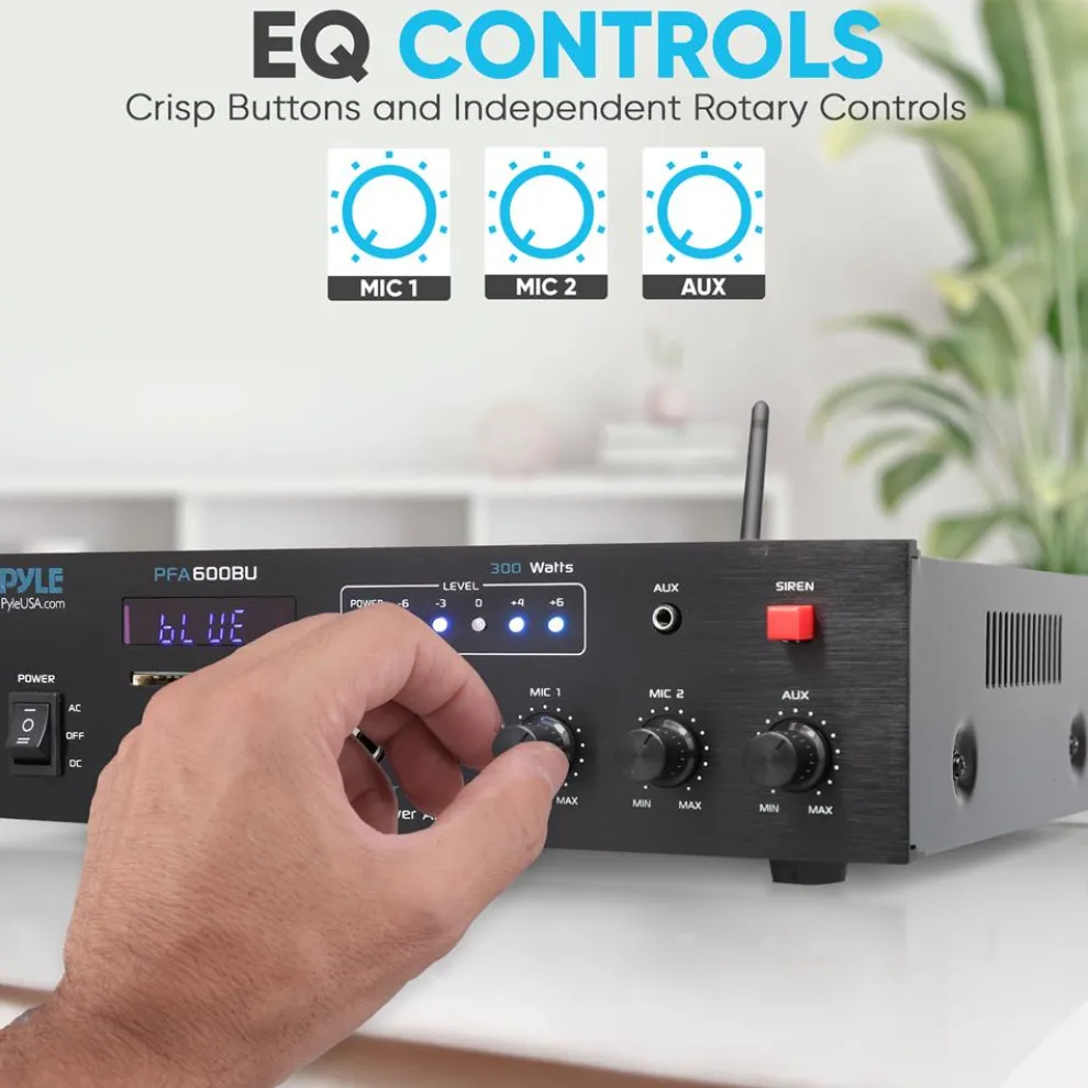 300W Bluetooth Karaoke Amplifier - Wireless Streaming, 2 Mic Inputs, Blue