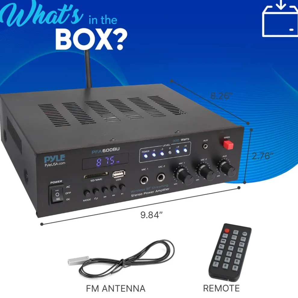 300W Bluetooth Karaoke Amplifier - Wireless Streaming, 2 Mic Inputs, Blue
