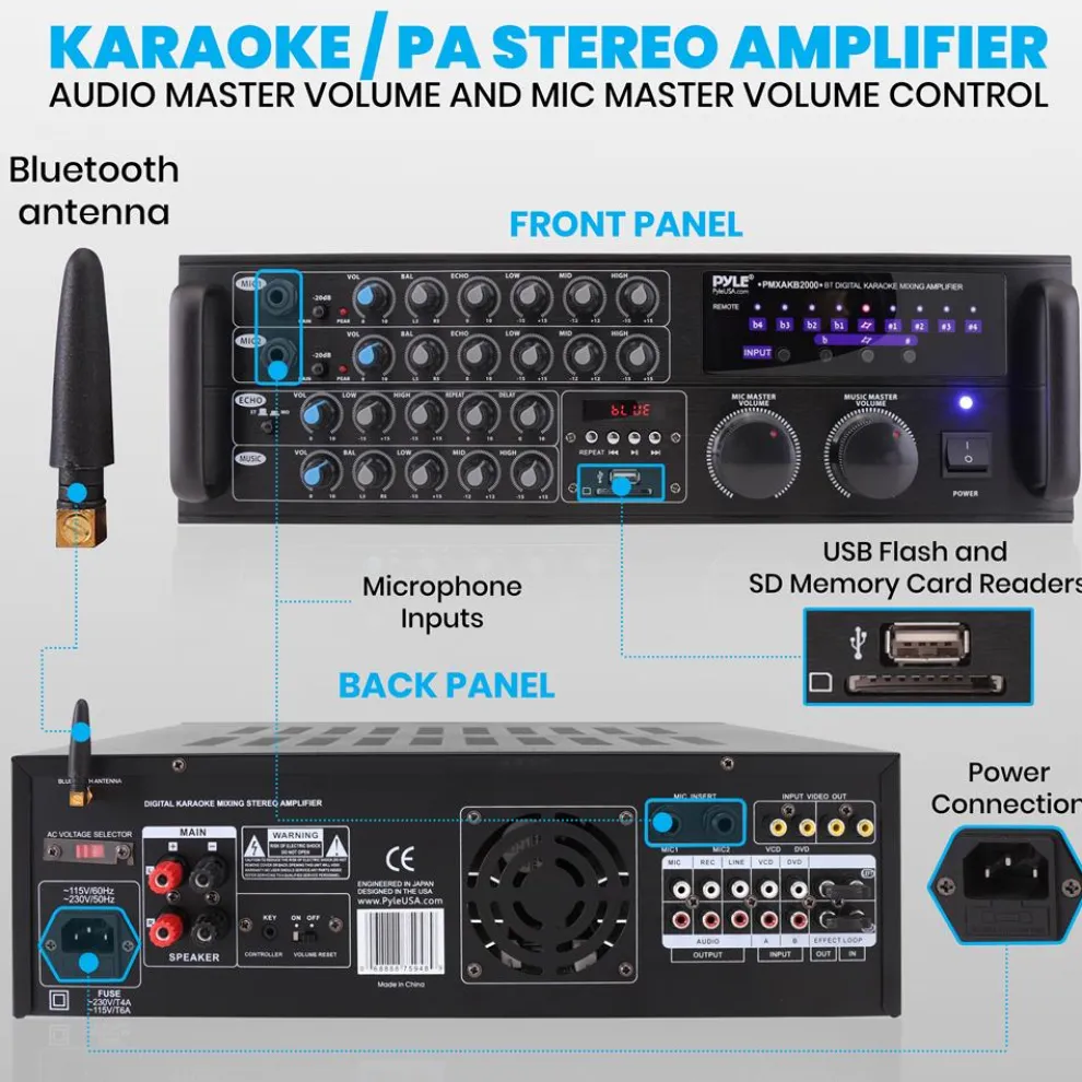 2000W Bluetooth Mixing Amplifier, Karaoke/PA, USB/SD, Rack Mountable