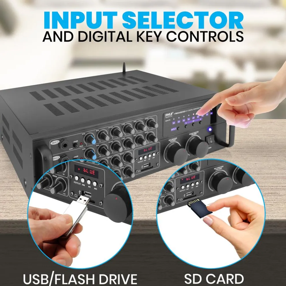 2000W Bluetooth Mixing Amplifier, Karaoke/PA, USB/SD, Rack Mountable