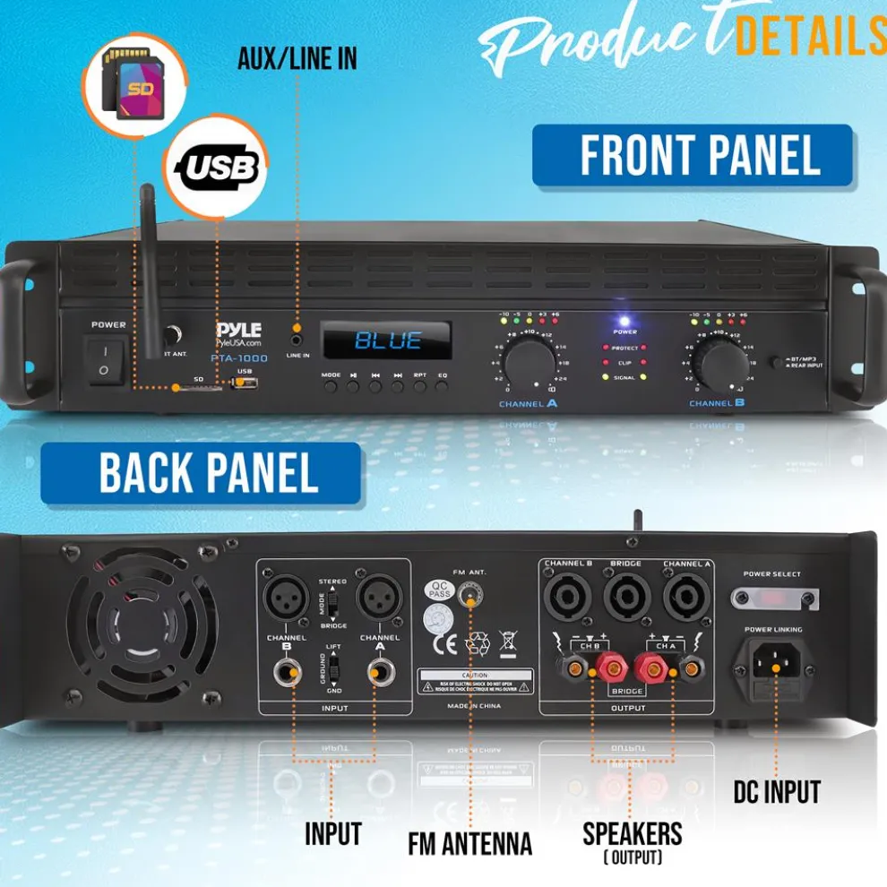 2000W Bluetooth Power Amplifier, Bridgeable, LCD Display, Rack-Mountable