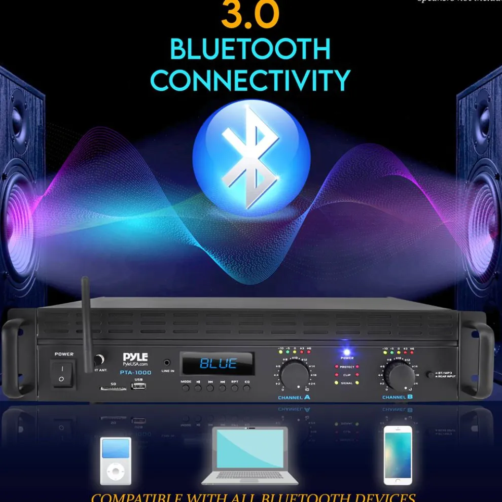 2000W Bluetooth Power Amplifier, Bridgeable, LCD Display, Rack-Mountable