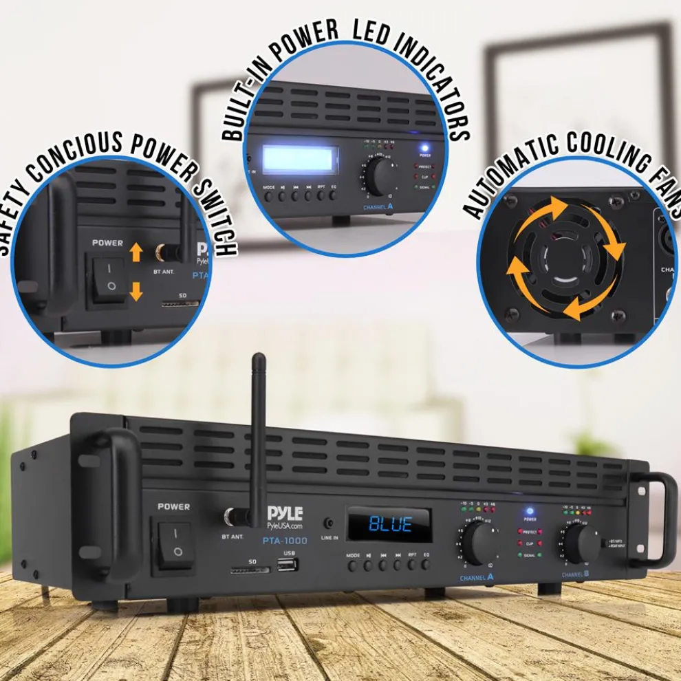 2000W Bluetooth Power Amplifier, Bridgeable, LCD Display, Rack-Mountable