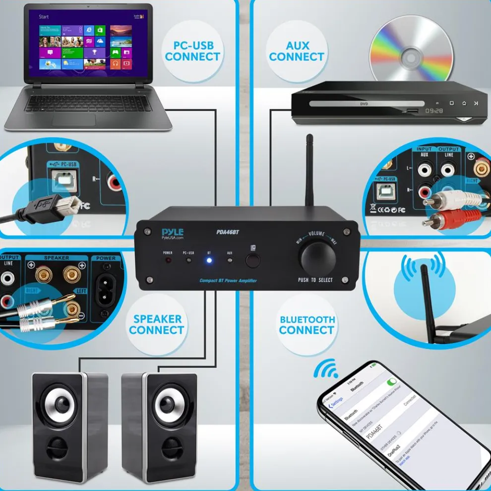 100W Bluetooth Stereo Amplifier - Hi-Fi Sound, USB Connection, Compact Design