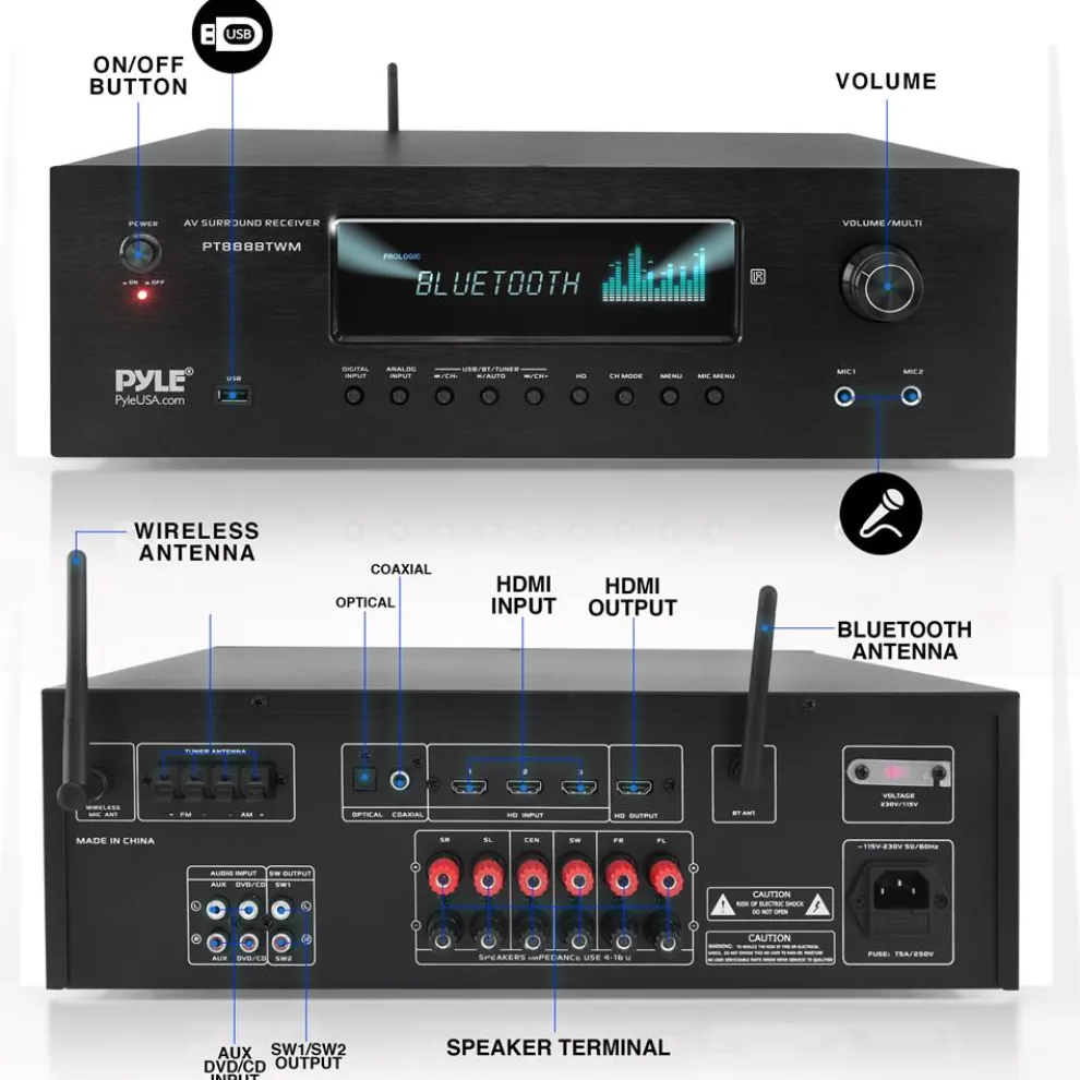 1000W 5.2-Channel Bluetooth Receiver with Wireless Mics