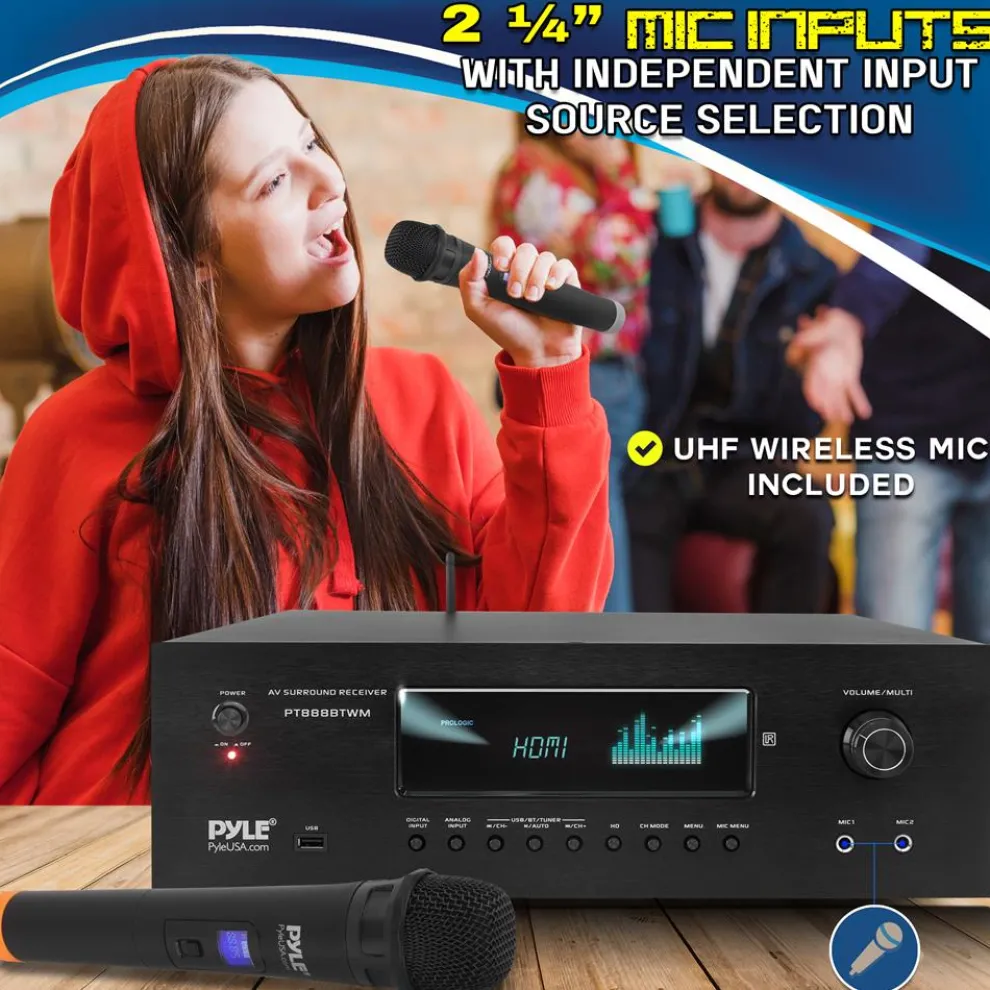 1000W 5.2-Channel Bluetooth Receiver with Wireless Mics