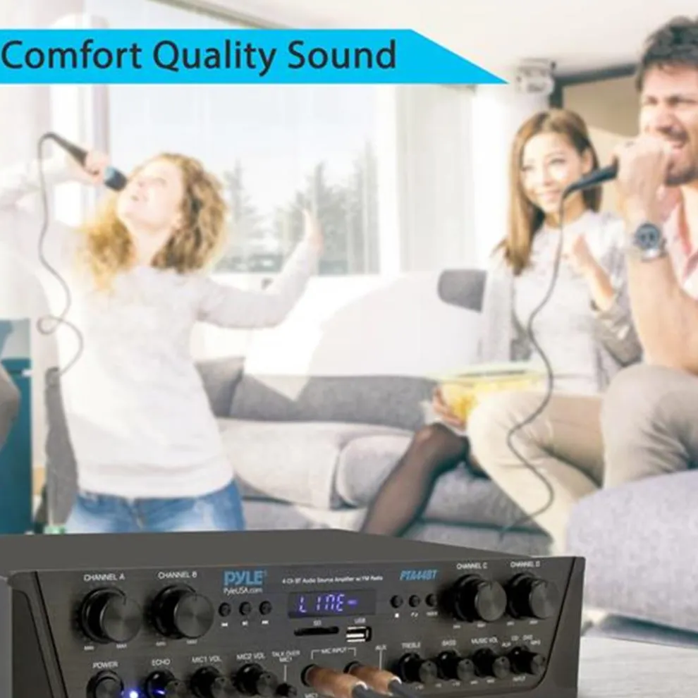 500W 4-Channel Bluetooth Amplifier, Wireless Streaming, USB/SD/AUX
