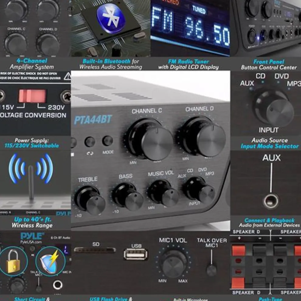500W 4-Channel Bluetooth Amplifier with FM Radio
