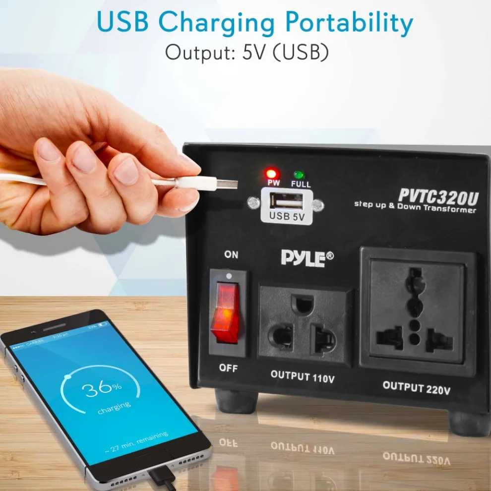 500W Voltage Converter Transformer, USB Port, Metal Housing, Compact