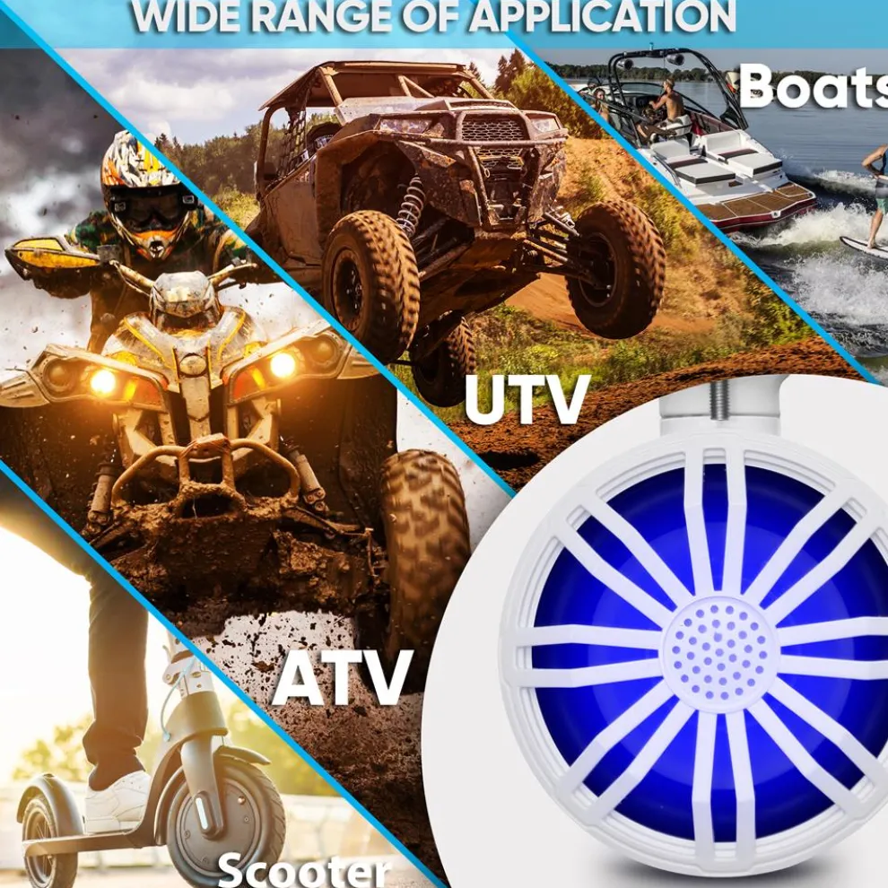 Waterproof Bluetooth Off-Road Speakers 40W Marine Woofer RGB Lights White