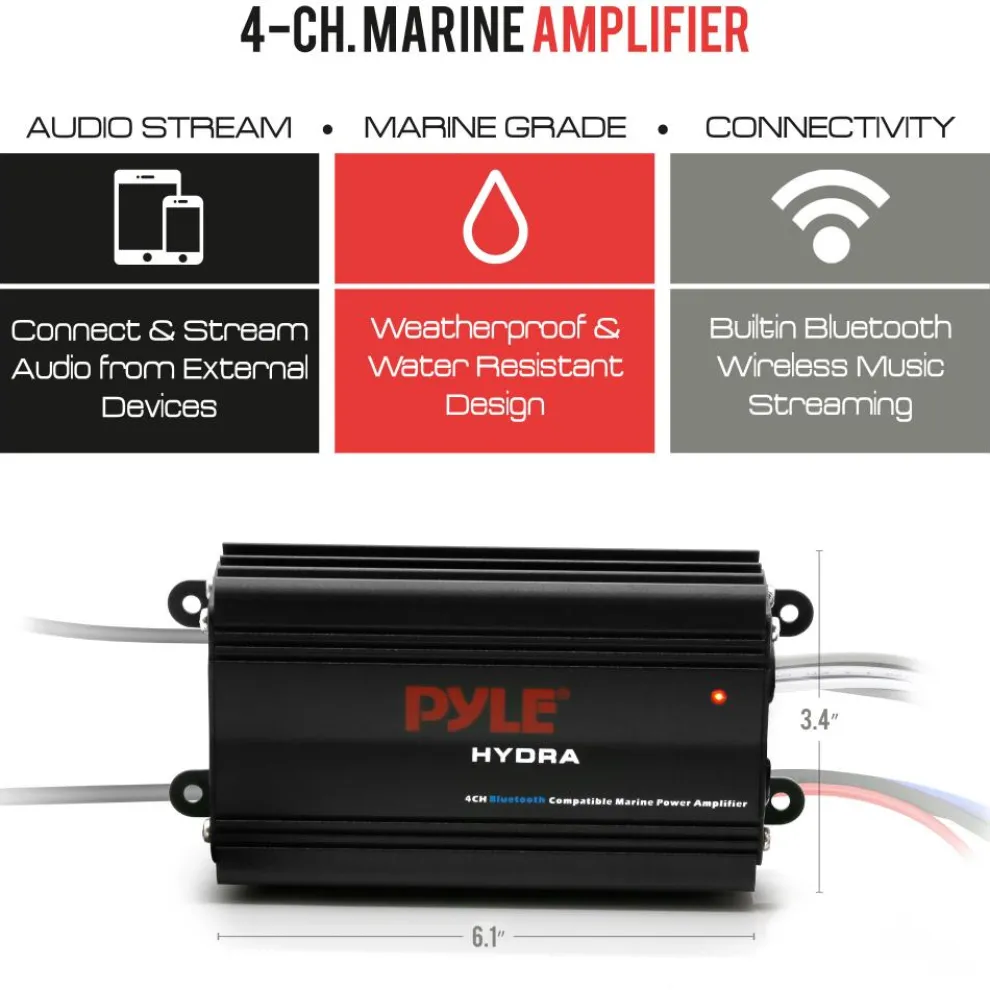 Waterproof 4-Channel Bluetooth Marine Amplifier Kit