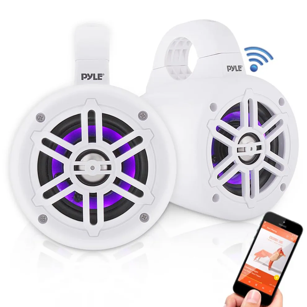 Waterproof Marine Speakers, Bluetooth, LED Lights, 4" White
