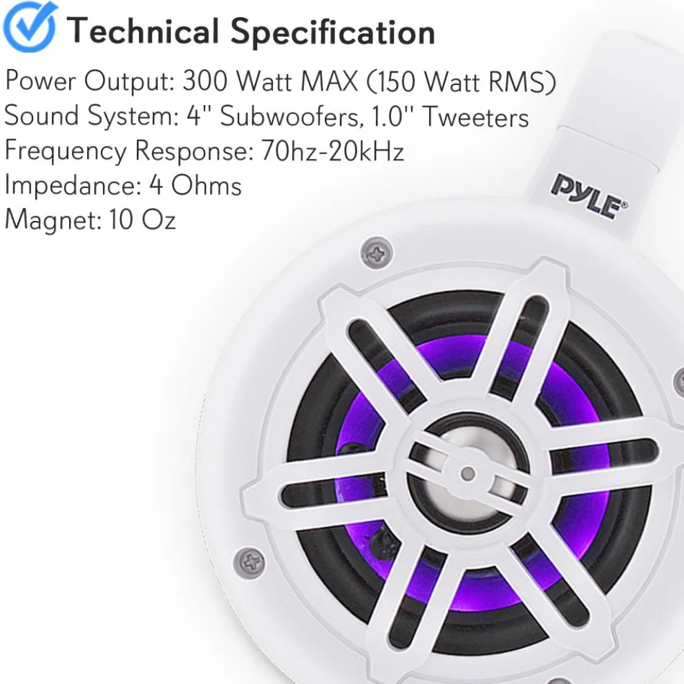 Waterproof Marine Speakers, Bluetooth, LED Lights, 4