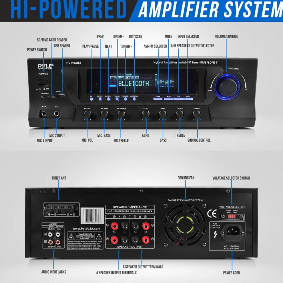 Wireless Bluetooth Amplifier 300W 4-Channel Home Theater Receiver