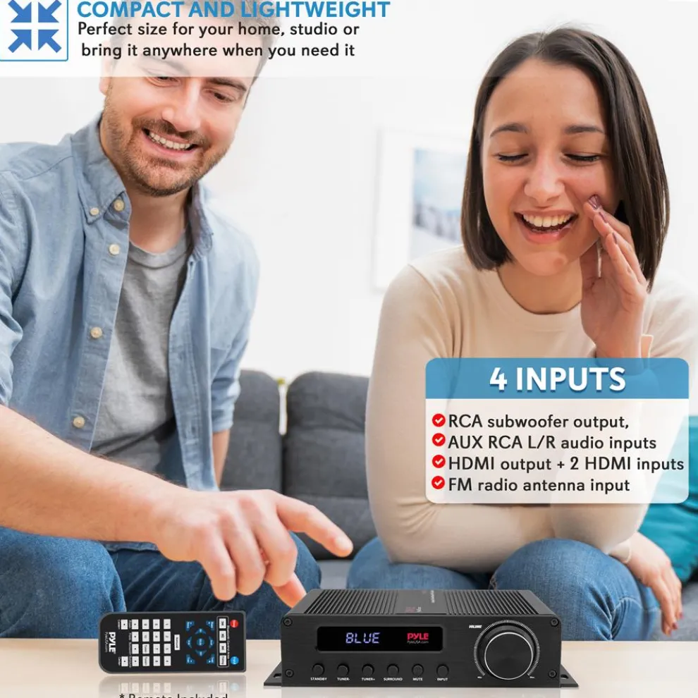 Wireless Bluetooth Home Audio Amplifier - 100W 5.1 Channel, HDMI, Compact