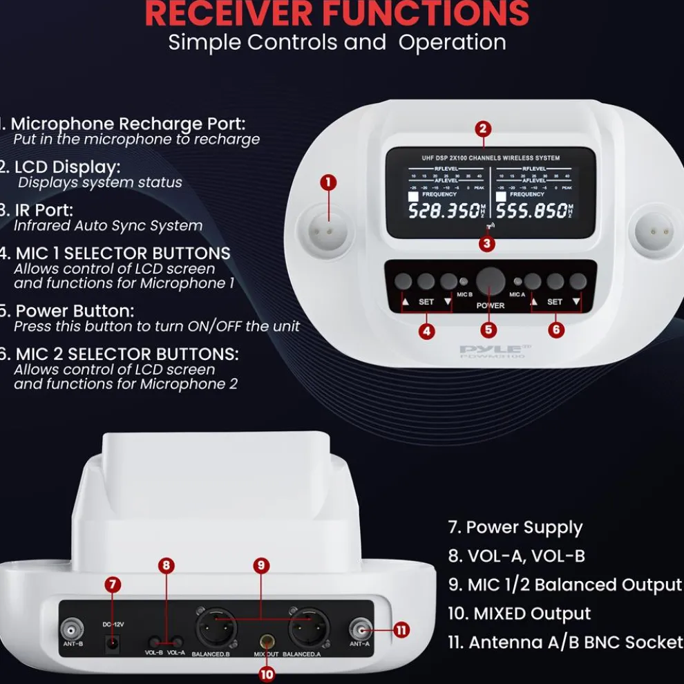 Wireless Mic System 160ft Range Rechargeable UHF Receiver 100 Channels